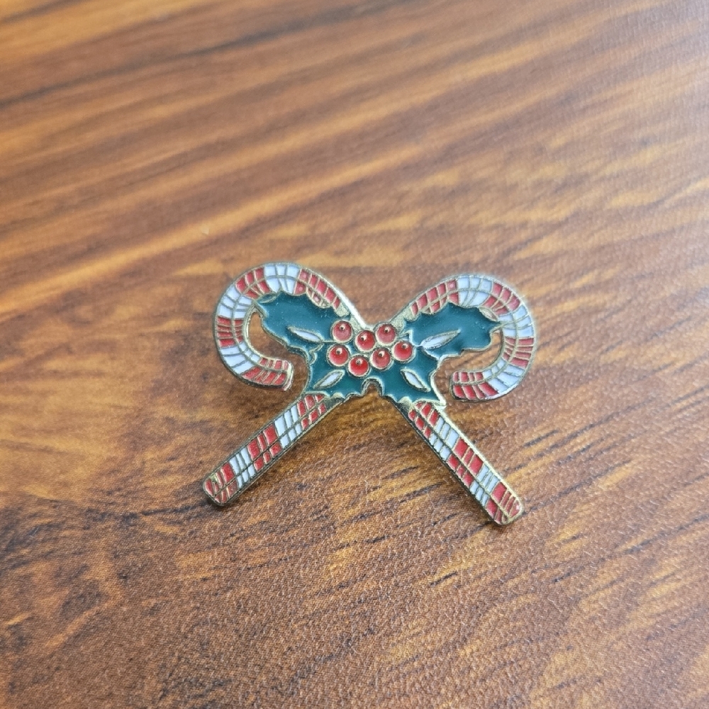 Vtg Christmas Candycane & Holly Pin